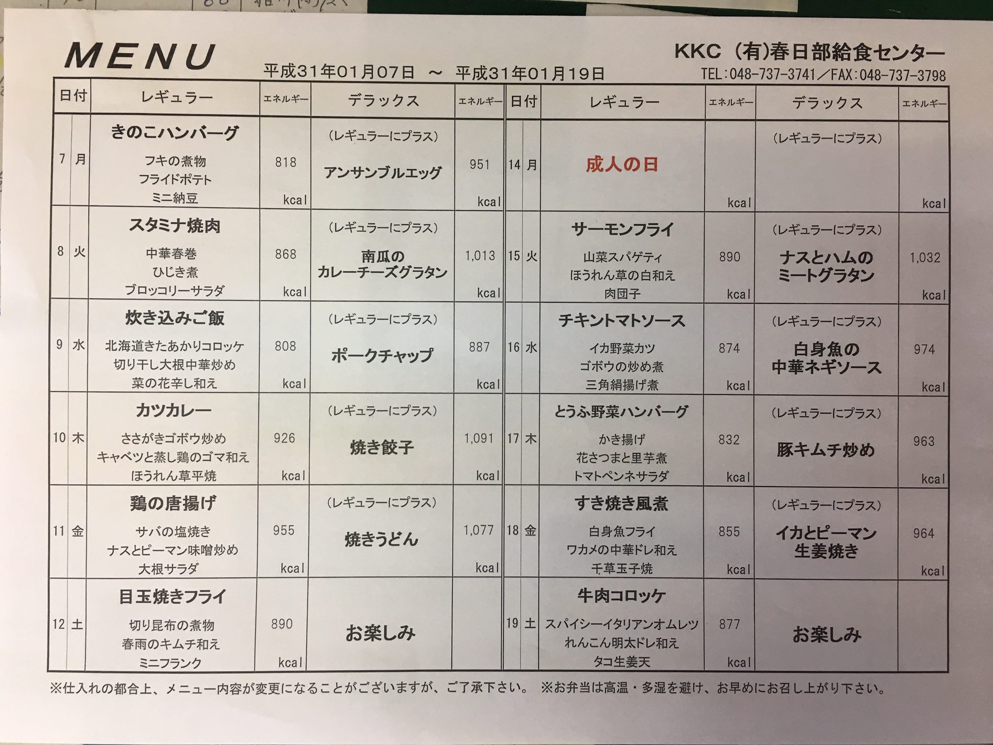 平成31年1月7日～1月19日